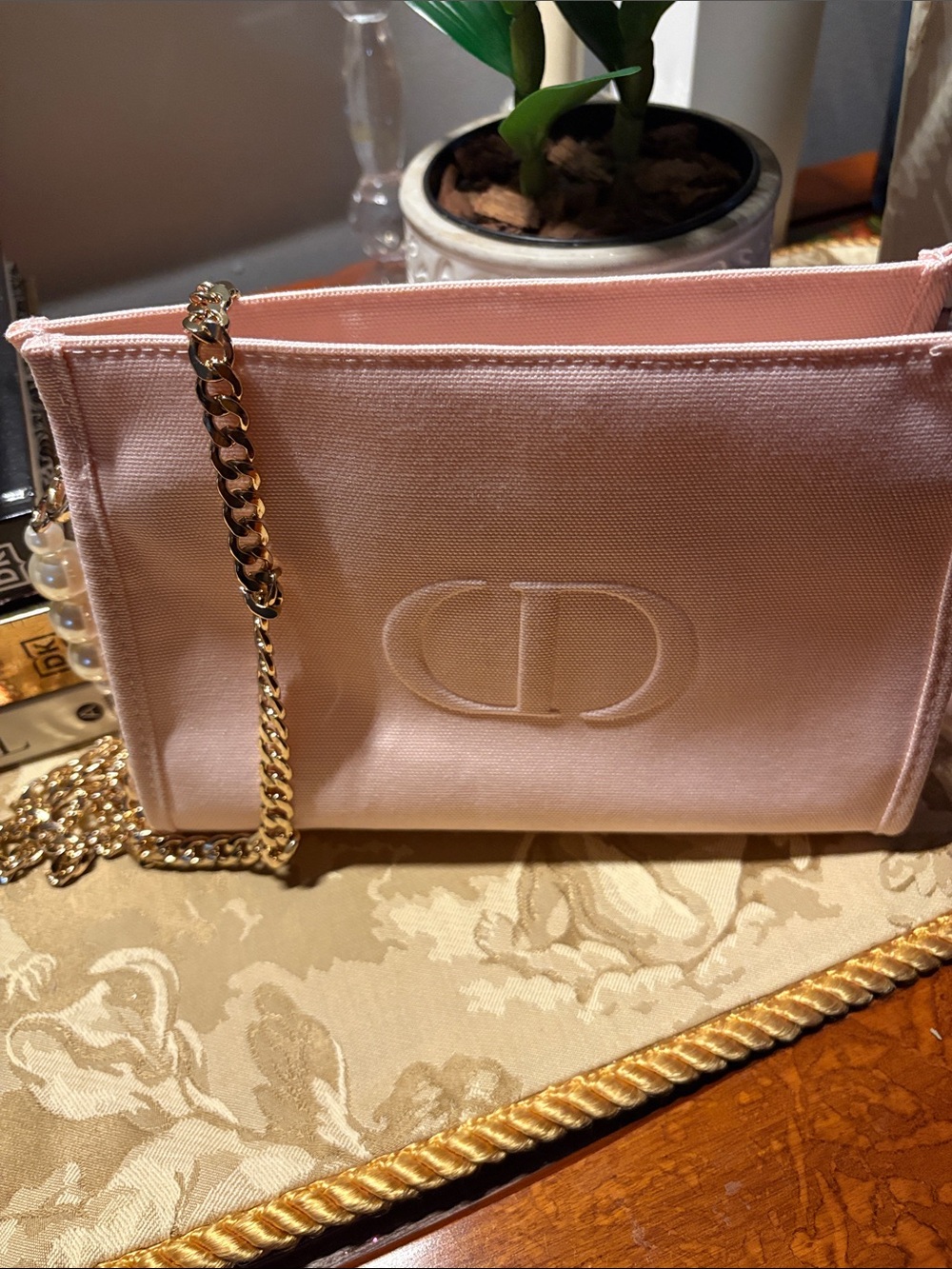 Pink Canvas Crossbody makeup Bag with Gold Chain